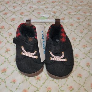 Carter's Size 1 (0-3m) Black & Red Baby Walker Shoes Slip-On Comfort NWT